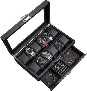 Watch Case Watch Roll Watch Box Earrings Necklace Leather Drawer Storage Box with Lock Transparent Glass Top Cover Watch Box Watch Winder (Color : OneColor, Size : 12 Epitope)