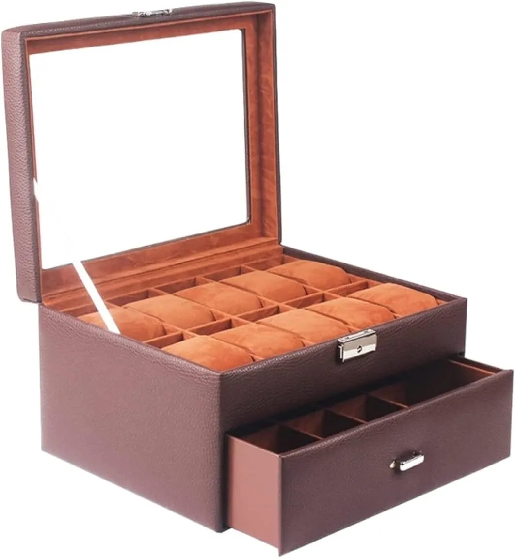 Watch Case Watch Stand Watch Winder Watch Organizer Display Double Layer 20 Slots Watch Storage Box With Drawer And Glass Display Top Lockable Watch Roll Watch Holder