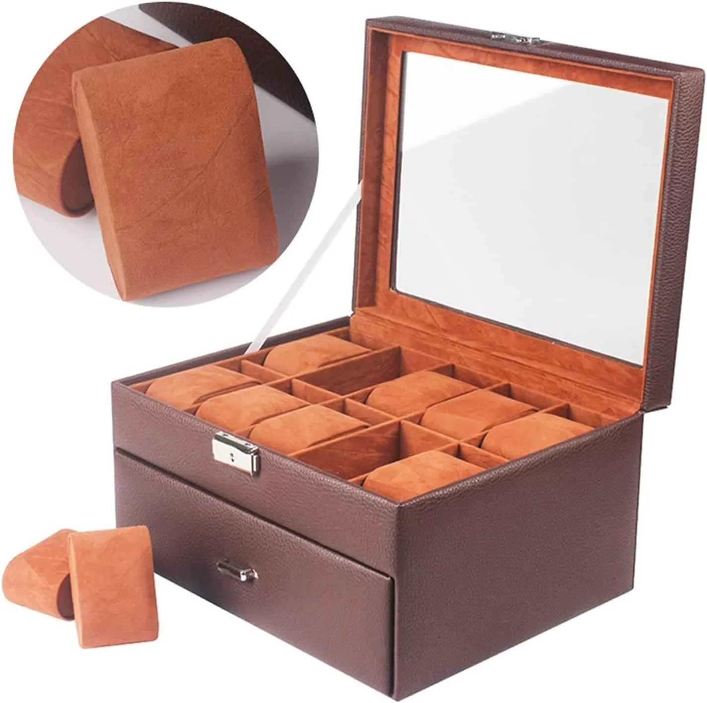 Watch Case Watch Stand Watch Winder Watch Organizer Display Double Layer 20 Slots Watch Storage Box With Drawer And Glass Display Top Lockable Watch Roll Watch Holder