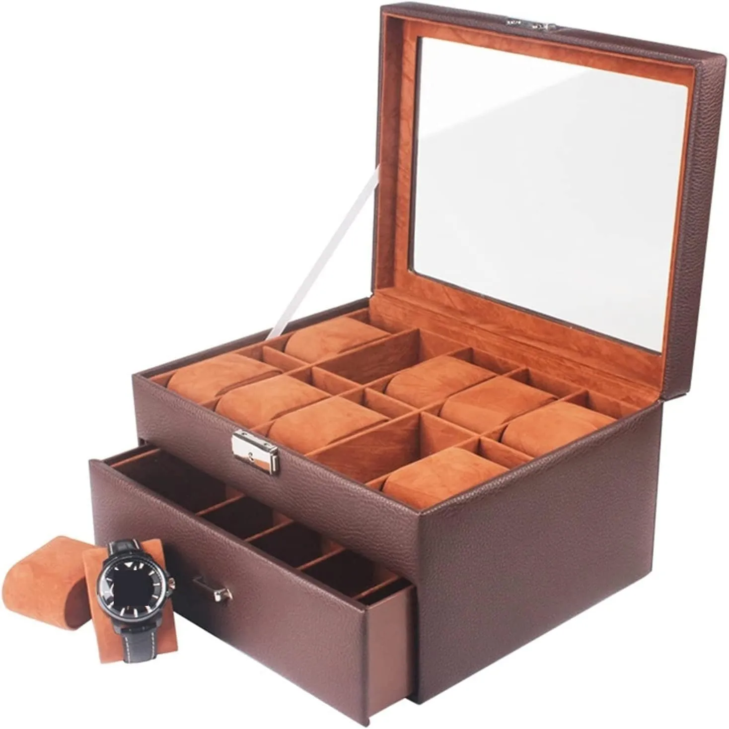 Watch Case Watch Stand Watch Winder Watch Organizer Display Double Layer 20 Slots Watch Storage Box With Drawer And Glass Display Top Lockable Watch Roll Watch Holder