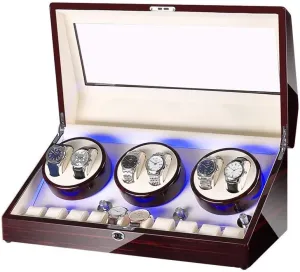 Watch Winder for 6 Watches   10 Storage LED Light Wood Shell Piano Varnish Exterior, Leather Interior, Silent Motor Watch Winder Display Watch Box Storage