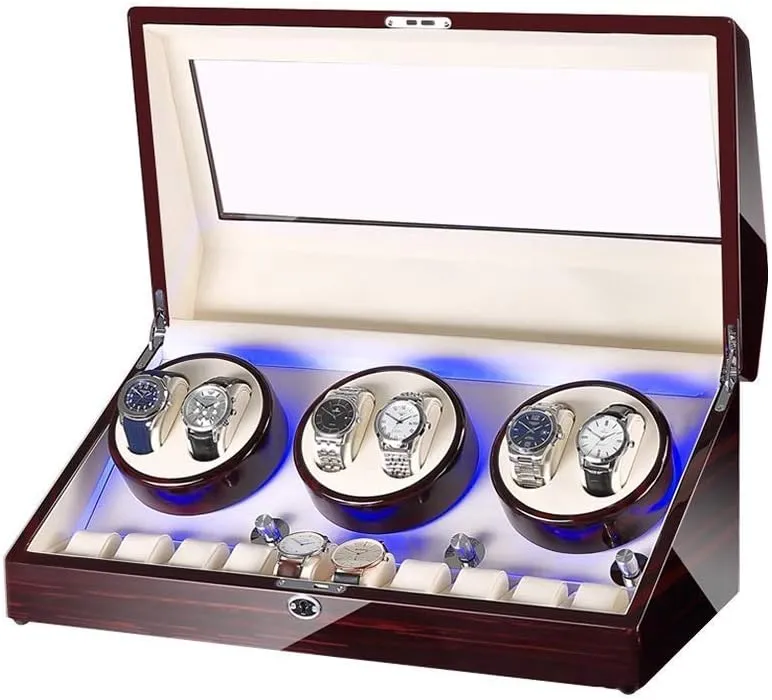 Watch Winder for 6 Watches   10 Storage LED Light Wood Shell Piano Varnish Exterior, Leather Interior, Silent Motor Watch Winder Display Watch Box Storage