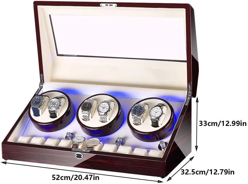 Watch Winder for 6 Watches   10 Storage LED Light Wood Shell Piano Varnish Exterior, Leather Interior, Silent Motor Watch Winder Display Watch Box Storage