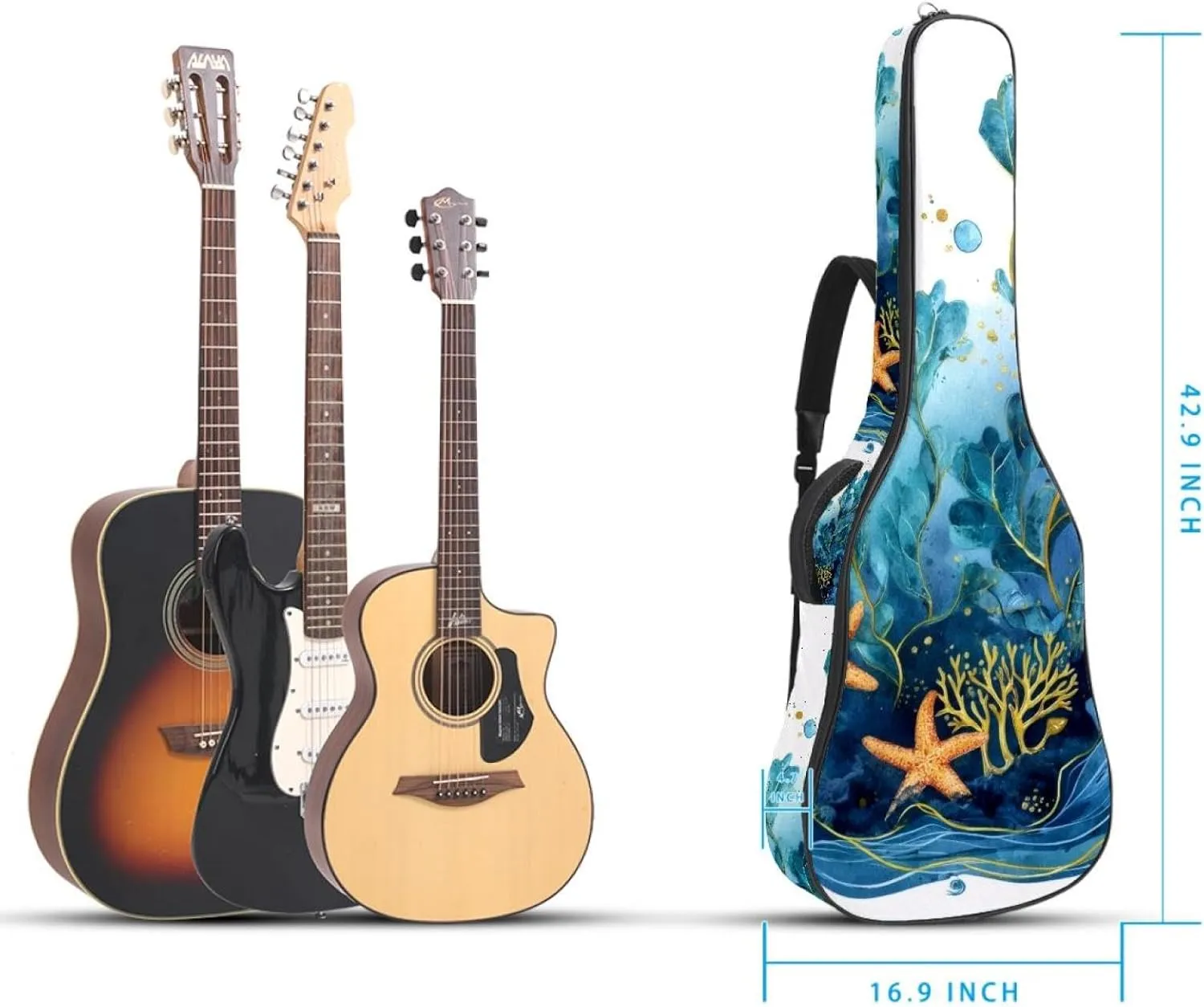 Watercolor Sea Blue Algae with Bubbles and Coral Starfish Acoustic Guitar Bag, Guitar Case Gig Bag 40 41 42 inch with Dual Adjustable Shoulder Strap and Back Hanger Loop