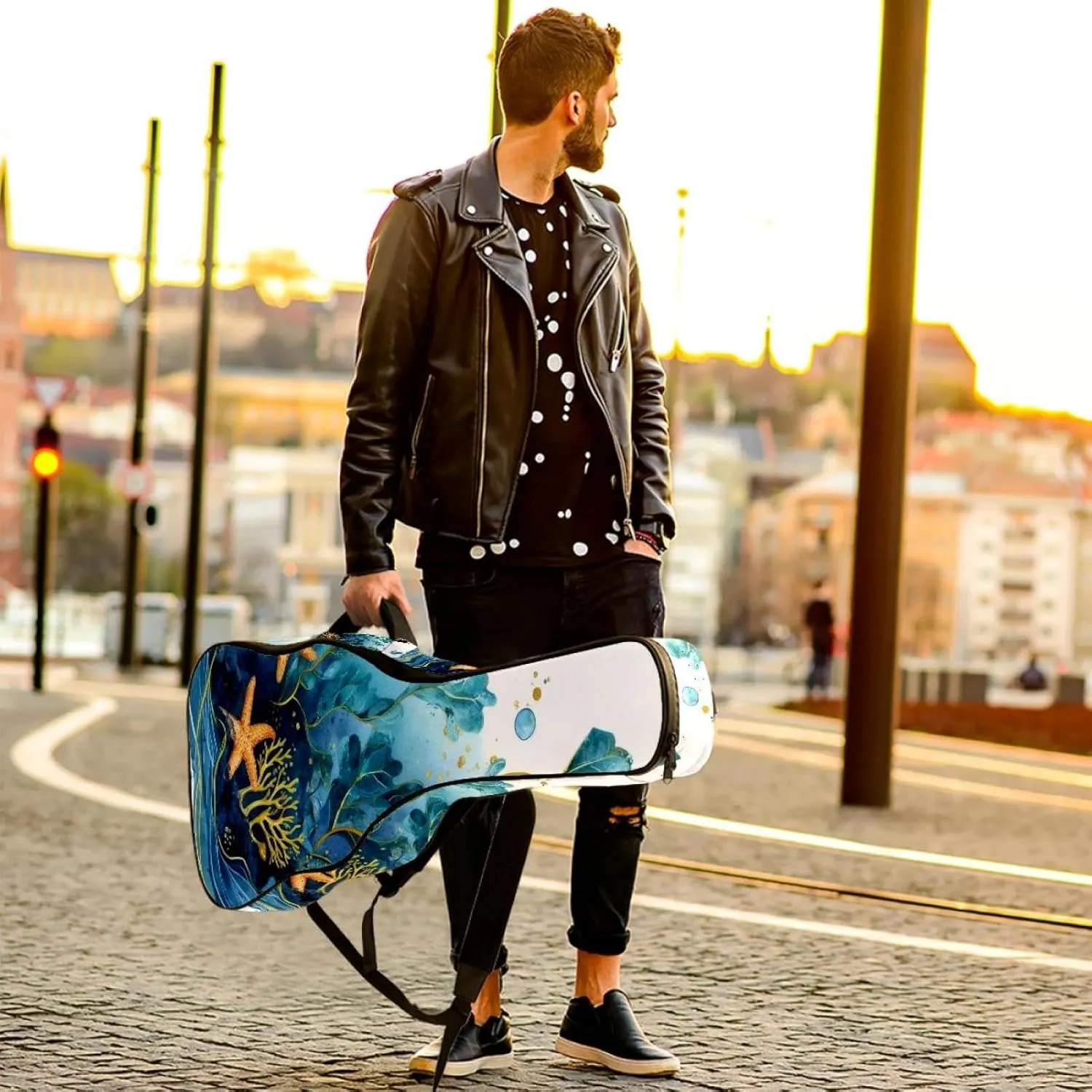 Watercolor Sea Blue Algae with Bubbles and Coral Starfish Acoustic Guitar Bag, Guitar Case Gig Bag 40 41 42 inch with Dual Adjustable Shoulder Strap and Back Hanger Loop