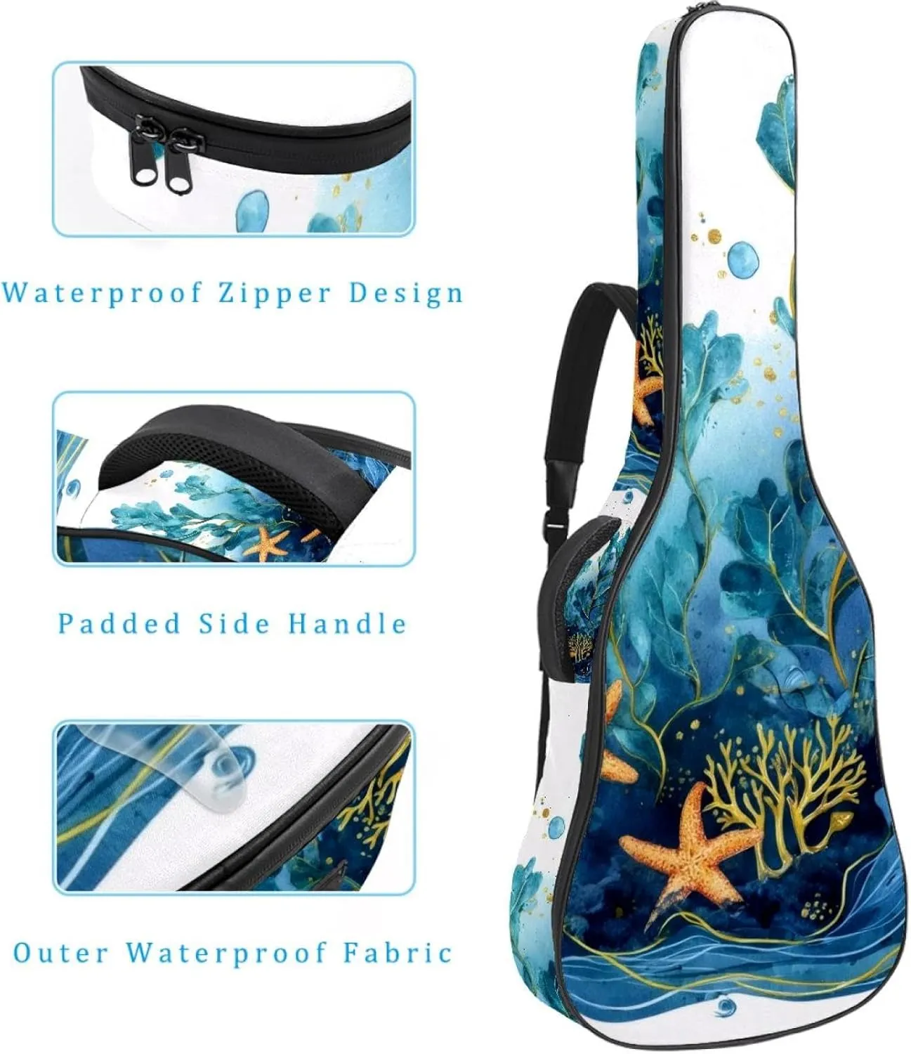 Watercolor Sea Blue Algae with Bubbles and Coral Starfish Acoustic Guitar Bag, Guitar Case Gig Bag 40 41 42 inch with Dual Adjustable Shoulder Strap and Back Hanger Loop