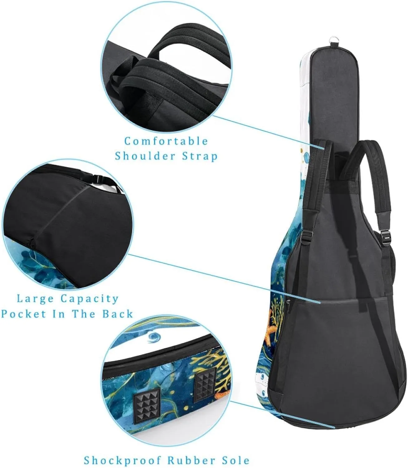 Watercolor Sea Blue Algae with Bubbles and Coral Starfish Acoustic Guitar Bag, Guitar Case Gig Bag 40 41 42 inch with Dual Adjustable Shoulder Strap and Back Hanger Loop
