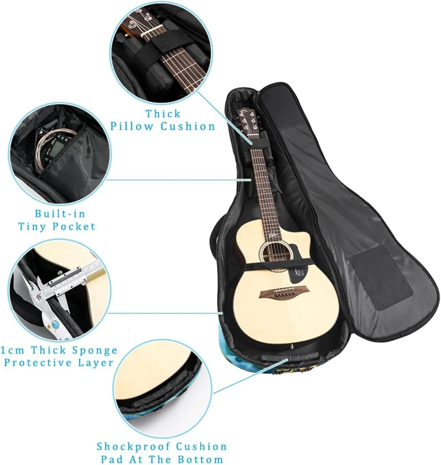 Watercolor Sea Blue Algae with Bubbles and Coral Starfish Acoustic Guitar Bag, Guitar Case Gig Bag 40 41 42 inch with Dual Adjustable Shoulder Strap and Back Hanger Loop