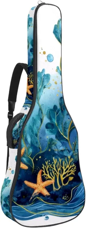 Watercolor Sea Blue Algae with Bubbles and Coral Starfish Acoustic Guitar Bag, Guitar Case Gig Bag 40 41 42 inch with Dual Adjustable Shoulder Strap and Back Hanger Loop