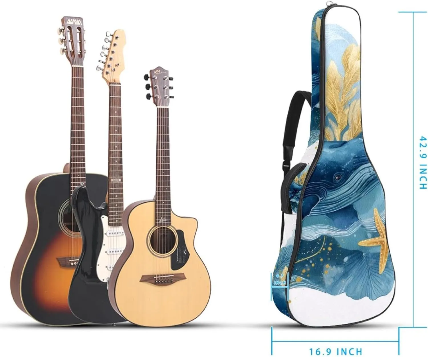 Watercolor Whale Sea Algae with Bubbles and Starfish Acoustic Guitar Gig Bag, 1 cm Thick Padding Waterproof Guitar Case Backpack with Dual Adjustable Shoulder Strap for 40-42 Inch Guitar