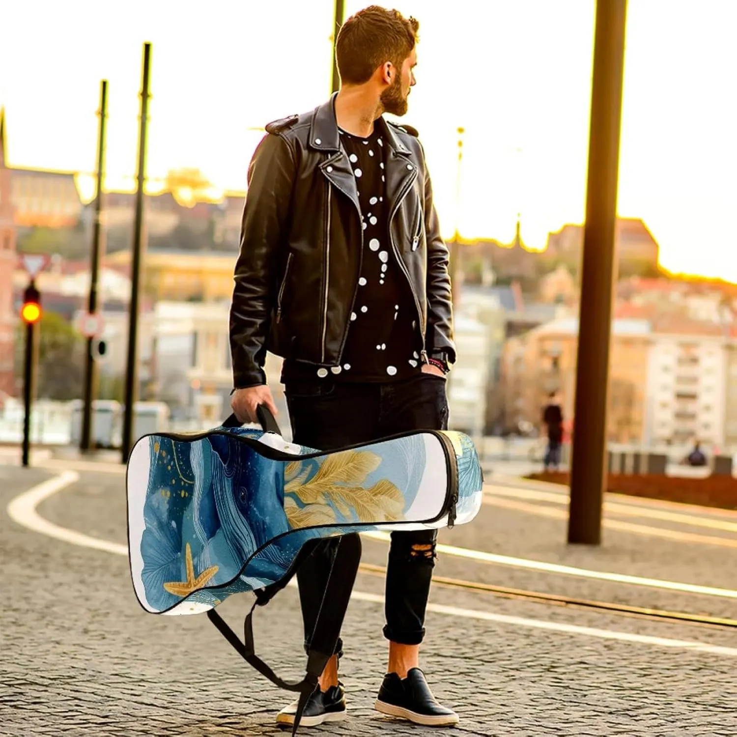 Watercolor Whale Sea Algae with Bubbles and Starfish Acoustic Guitar Gig Bag, 1 cm Thick Padding Waterproof Guitar Case Backpack with Dual Adjustable Shoulder Strap for 40-42 Inch Guitar