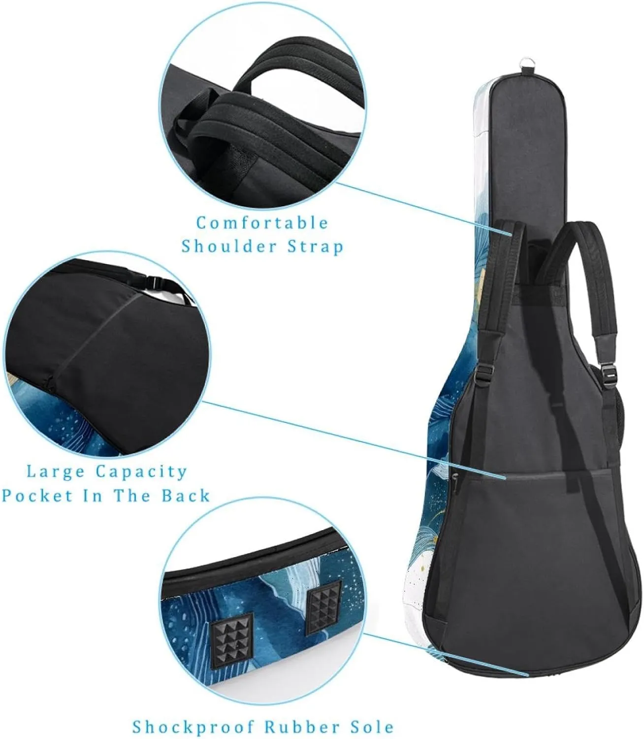 Watercolor Whale Sea Algae with Bubbles and Starfish Acoustic Guitar Gig Bag, 1 cm Thick Padding Waterproof Guitar Case Backpack with Dual Adjustable Shoulder Strap for 40-42 Inch Guitar