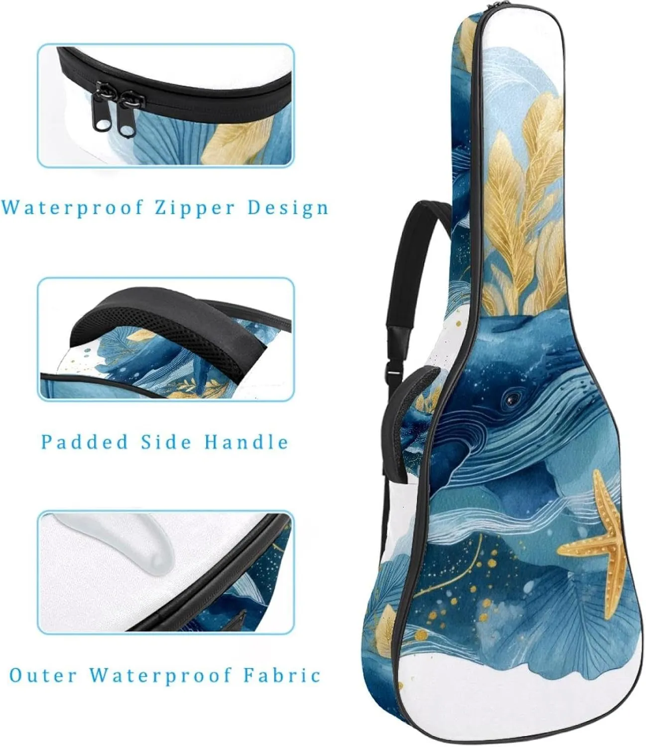 Watercolor Whale Sea Algae with Bubbles and Starfish Acoustic Guitar Gig Bag, 1 cm Thick Padding Waterproof Guitar Case Backpack with Dual Adjustable Shoulder Strap for 40-42 Inch Guitar
