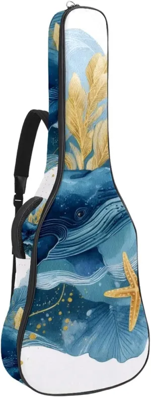 Watercolor Whale Sea Algae with Bubbles and Starfish Acoustic Guitar Gig Bag, 1 cm Thick Padding Waterproof Guitar Case Backpack with Dual Adjustable Shoulder Strap for 40-42 Inch Guitar