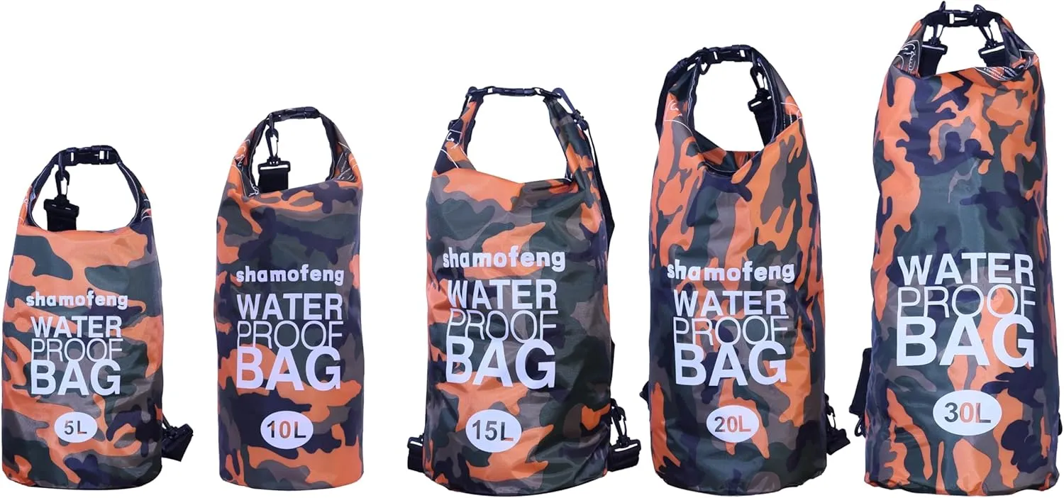 Waterproof Dry Bag Combo 5-30L Roll Top Dry Storage Bag Backpack for Kayaking Boating Beach Camping Travel Fishing, w/Phone Case & Collapsible Water Bottle & Sunglasses & Ear Band,Orange 10L