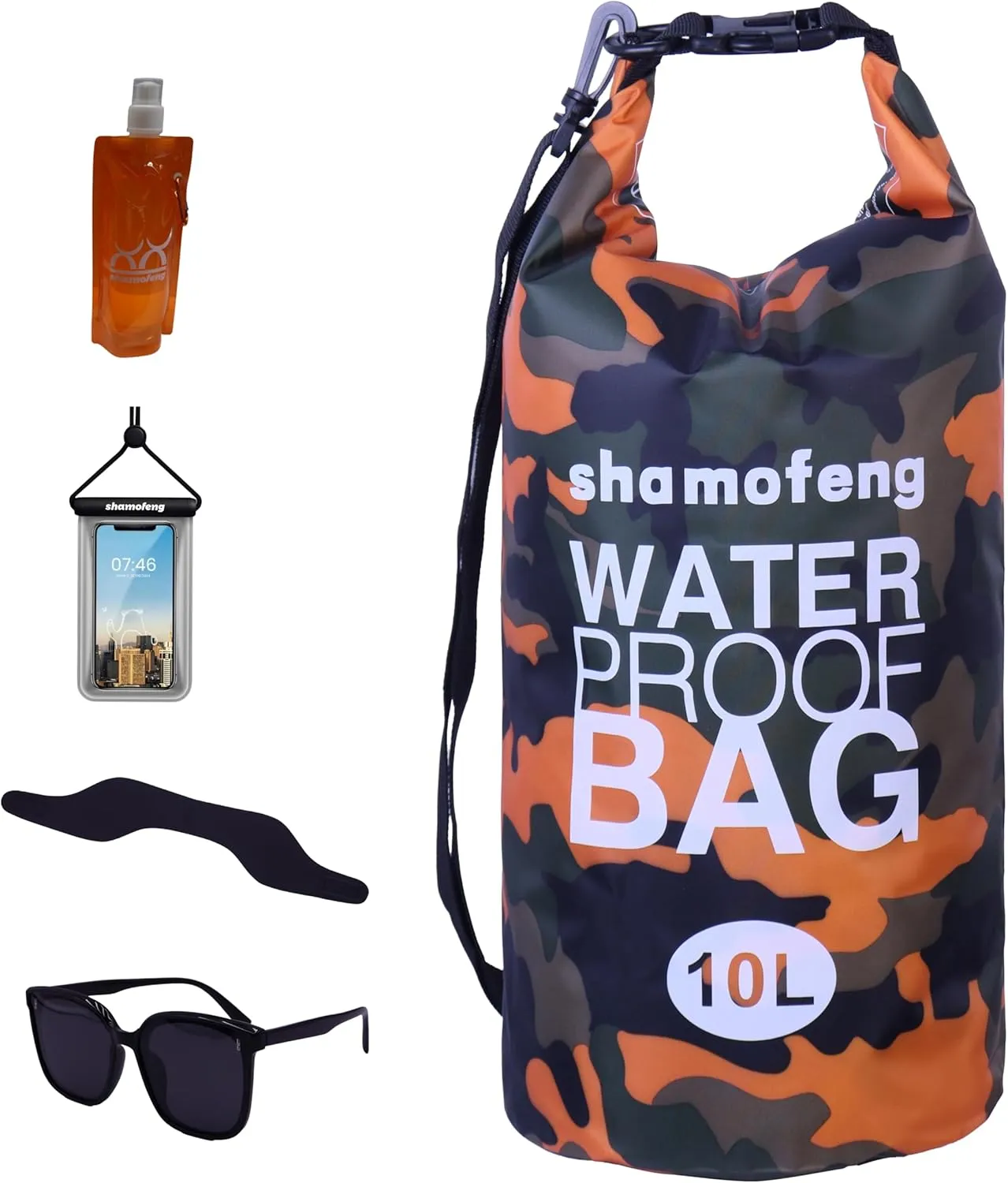 Waterproof Dry Bag Combo 5-30L Roll Top Dry Storage Bag Backpack for Kayaking Boating Beach Camping Travel Fishing, w/Phone Case & Collapsible Water Bottle & Sunglasses & Ear Band,Orange 10L