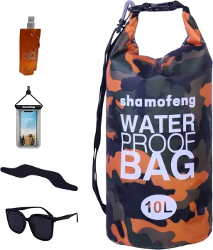 Waterproof Dry Bag Combo 5-30L Roll Top Dry Storage Bag Backpack for Kayaking Boating Beach Camping Travel Fishing, w/Phone Case & Collapsible Water Bottle & Sunglasses & Ear Band,Orange 10L