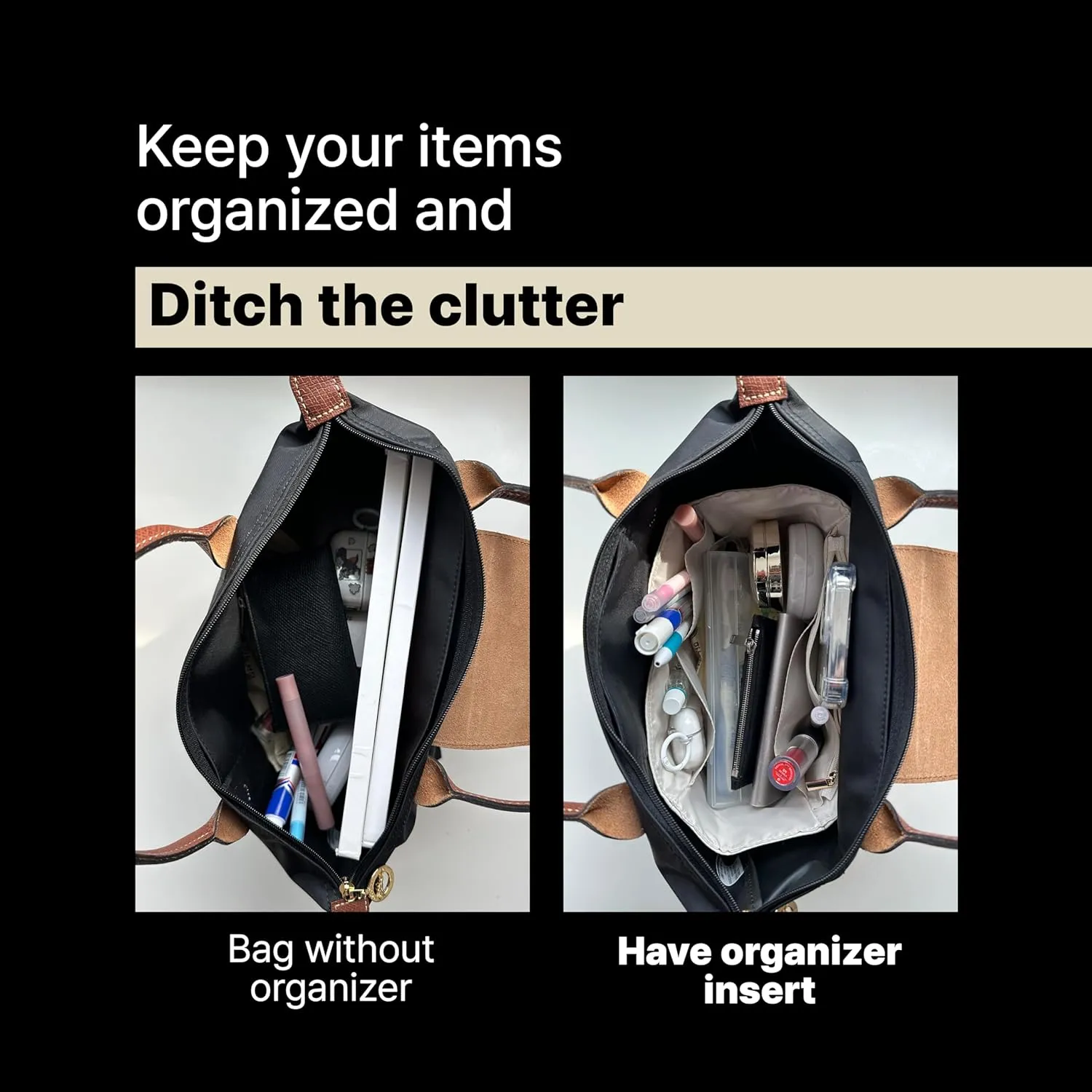 Waterproof Premium Nylon Purse Organizer Insert for Longchamp Le Pliage Handbags (Black, Small)