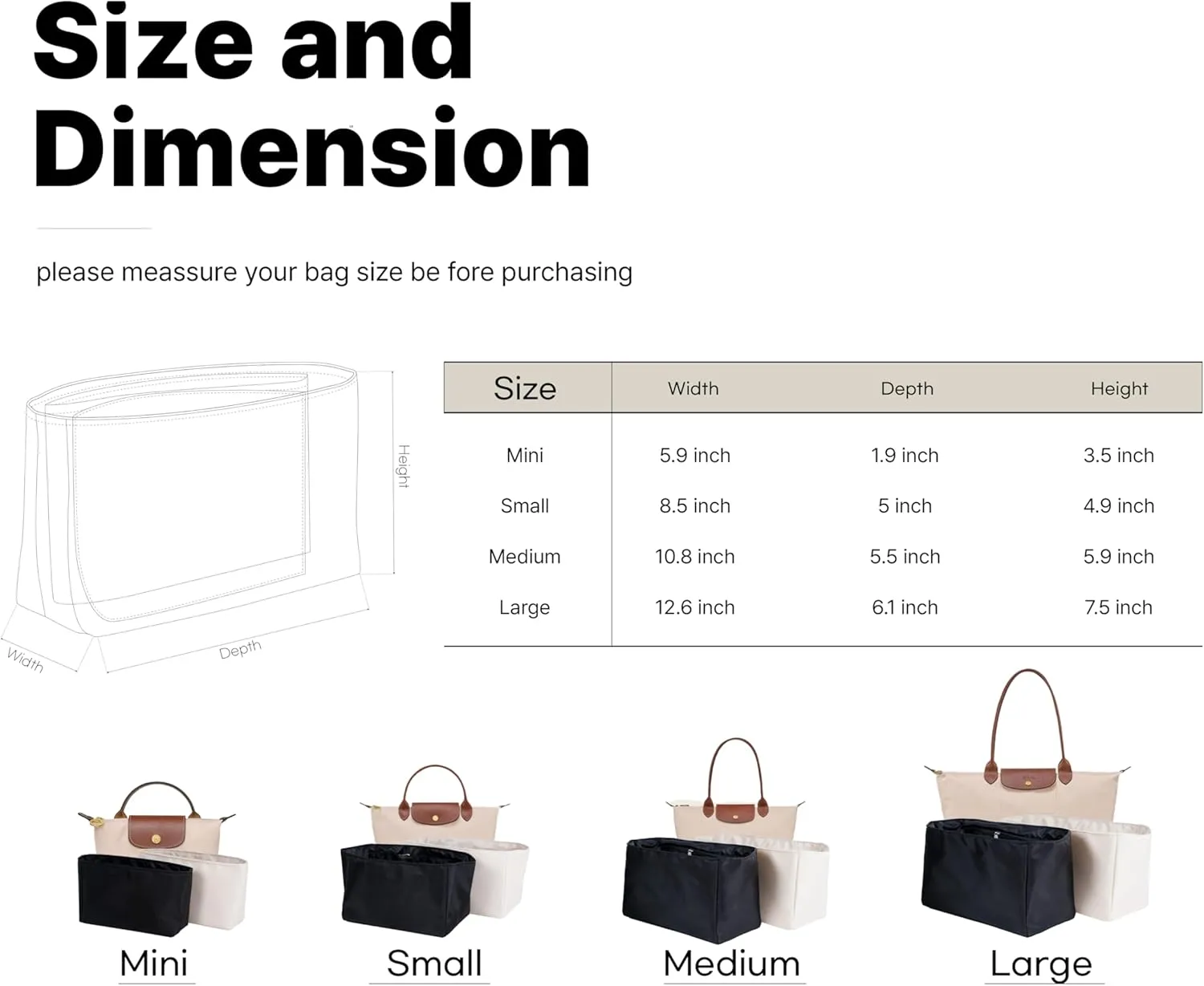 Waterproof Premium Nylon Purse Organizer Insert for Longchamp Le Pliage Handbags (Black, Small)