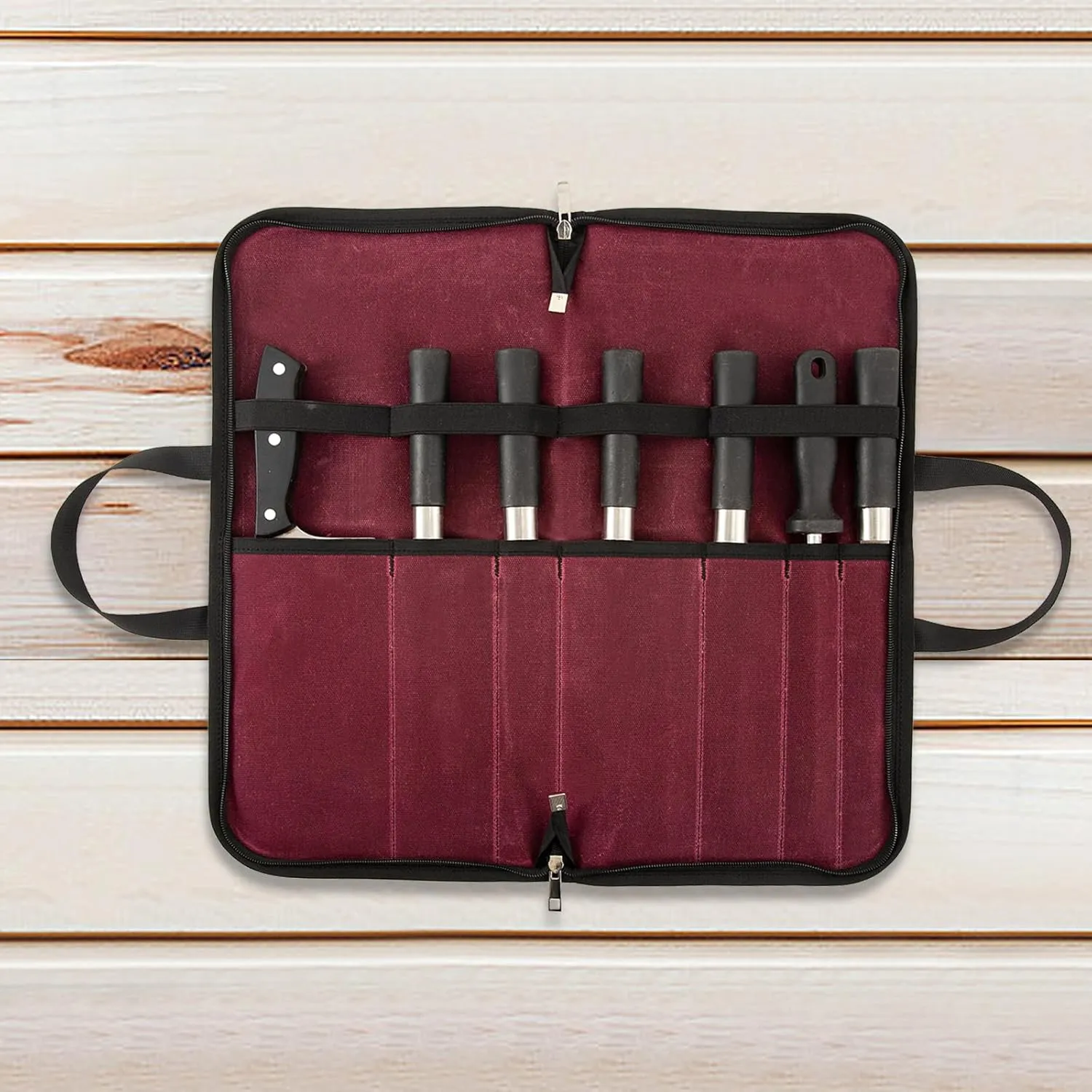 Waxed Canvas Knife Roll - 7 Slot Heavy Duty Case, Portable Chef Knife Bag for Kitchen & Travel