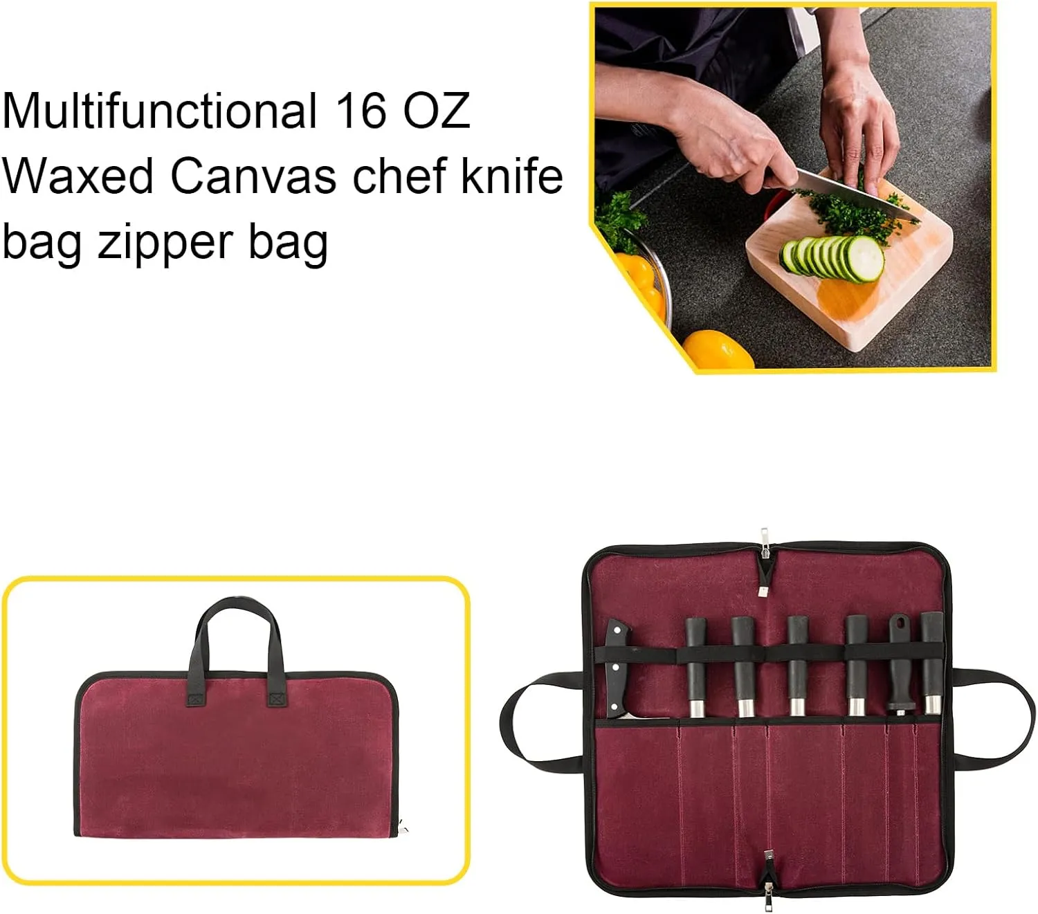 Waxed Canvas Knife Roll - 7 Slot Heavy Duty Case, Portable Chef Knife Bag for Kitchen & Travel