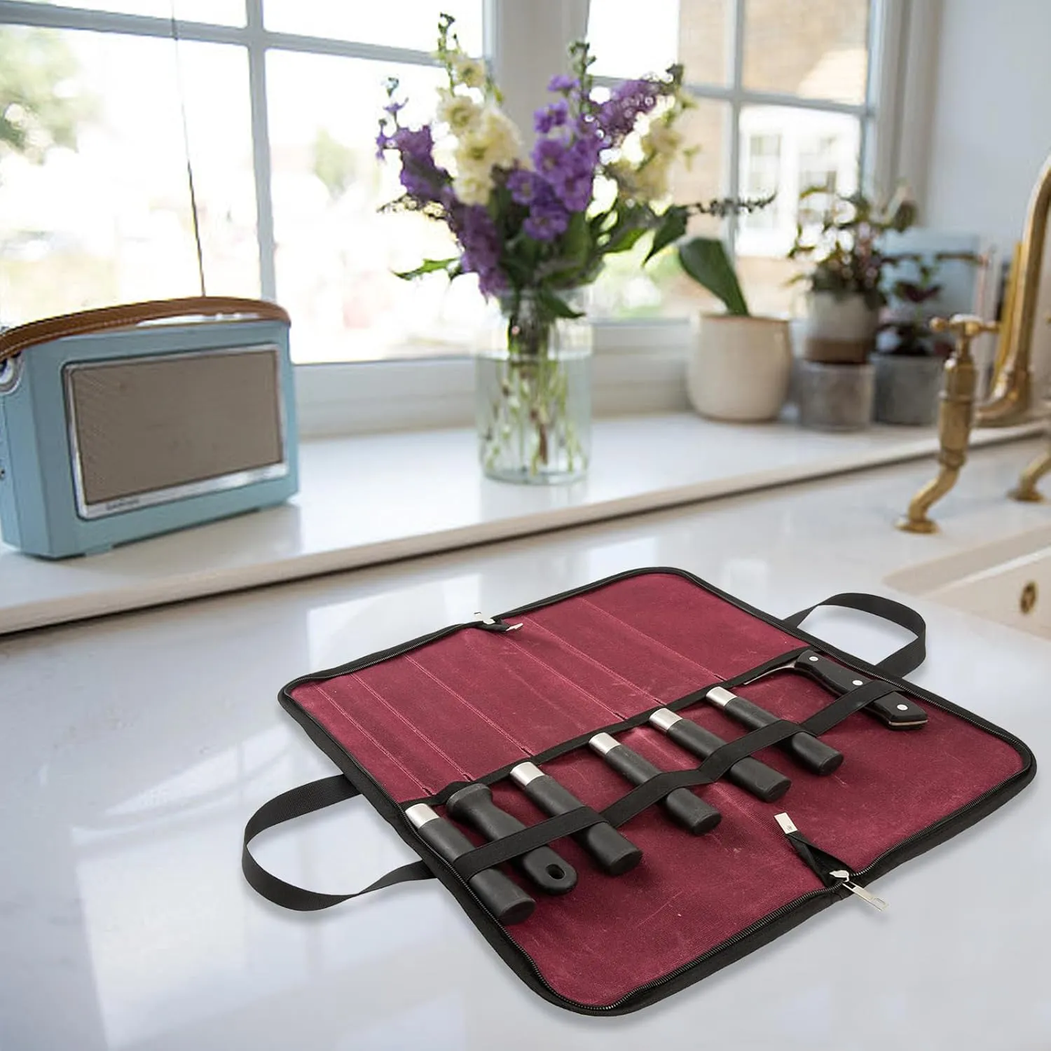 Waxed Canvas Knife Roll - 7 Slot Heavy Duty Case, Portable Chef Knife Bag for Kitchen & Travel