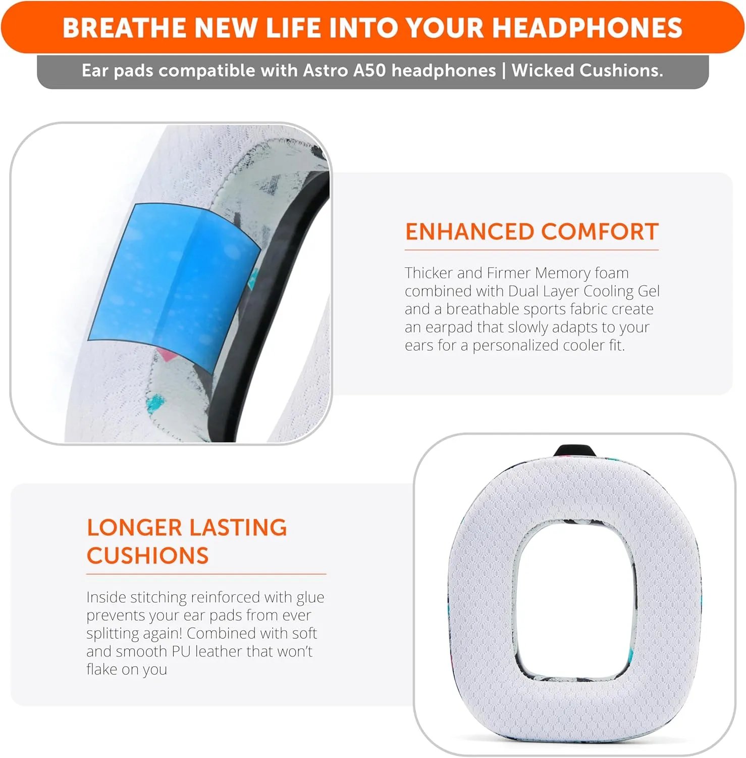 WC Mod Kit A50 - Cooling Gel Earpads   Headband Replacement for Astro A50 Gen 4, Gen 5 & A50X by Wicked Cushions | Enhanced Comfort, Cooling & Durability | 90's White