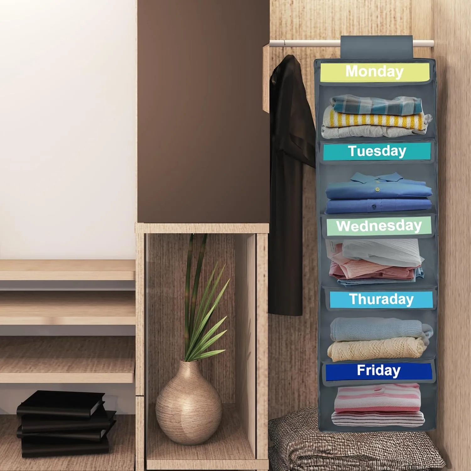 Weekly Clothes Organizer for Kids, Days of The Week Clothes Organizer with 6 Side Pockets, 5-Shelf Hanging Closet Organizer with Monday Through Friday Labels, Weekly Clothing Divider (Dark grey)