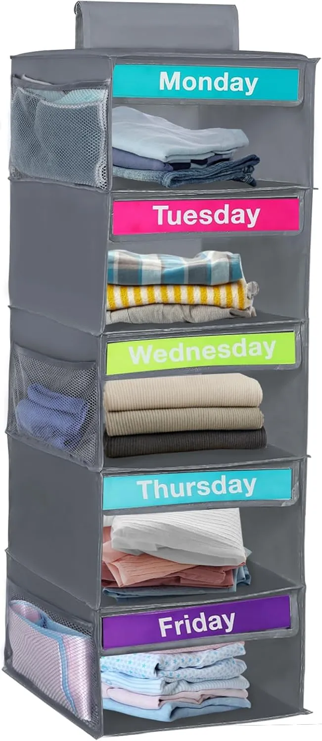 Weekly Clothes Organizer for Kids, Days of The Week Clothes Organizer with 6 Side Pockets, 5-Shelf Hanging Closet Organizer with Monday Through Friday Labels, Weekly Clothing Divider (Dark grey)