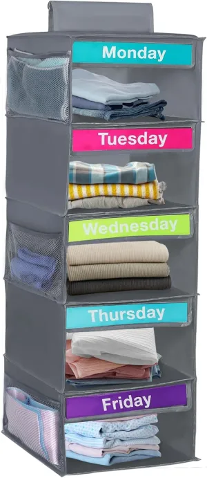 Weekly Clothes Organizer for Kids, Days of The Week Clothes Organizer with 6 Side Pockets, 5-Shelf Hanging Closet Organizer with Monday Through Friday Labels, Weekly Clothing Divider (Dark grey)
