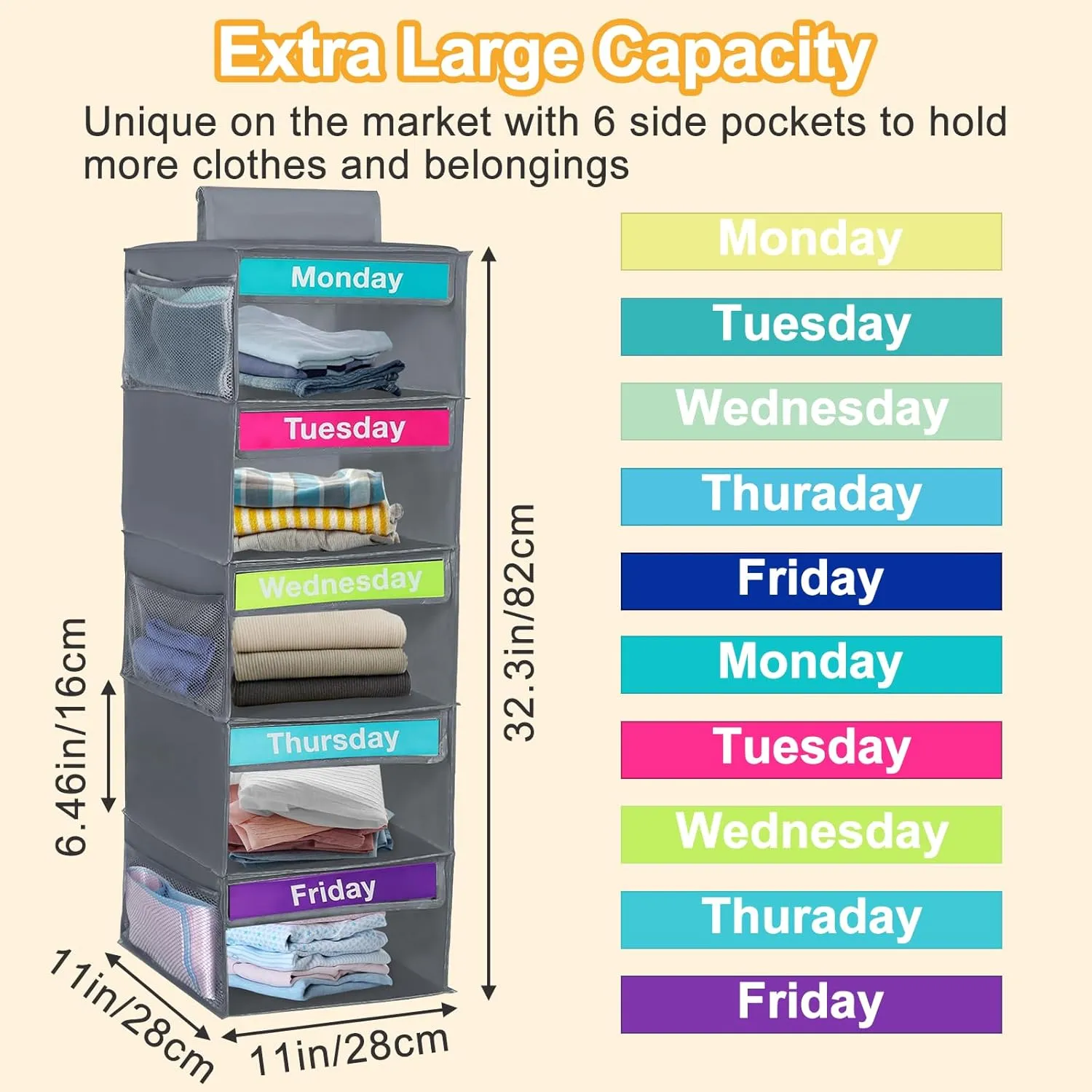 Weekly Clothes Organizer for Kids, Days of The Week Clothes Organizer with 6 Side Pockets, 5-Shelf Hanging Closet Organizer with Monday Through Friday Labels, Weekly Clothing Divider (Dark grey)