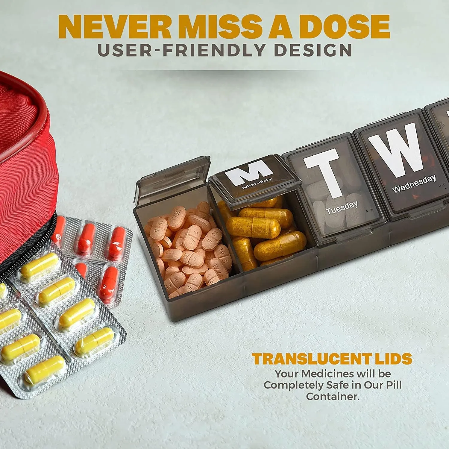 Weekly Pill Organizer - (Pack of 3) Extra Large Vitamin Container with Jumbo Easy to Read Letters, BPA Free - Daily Travel 7 Day Medication Pill Box Case, (Black)