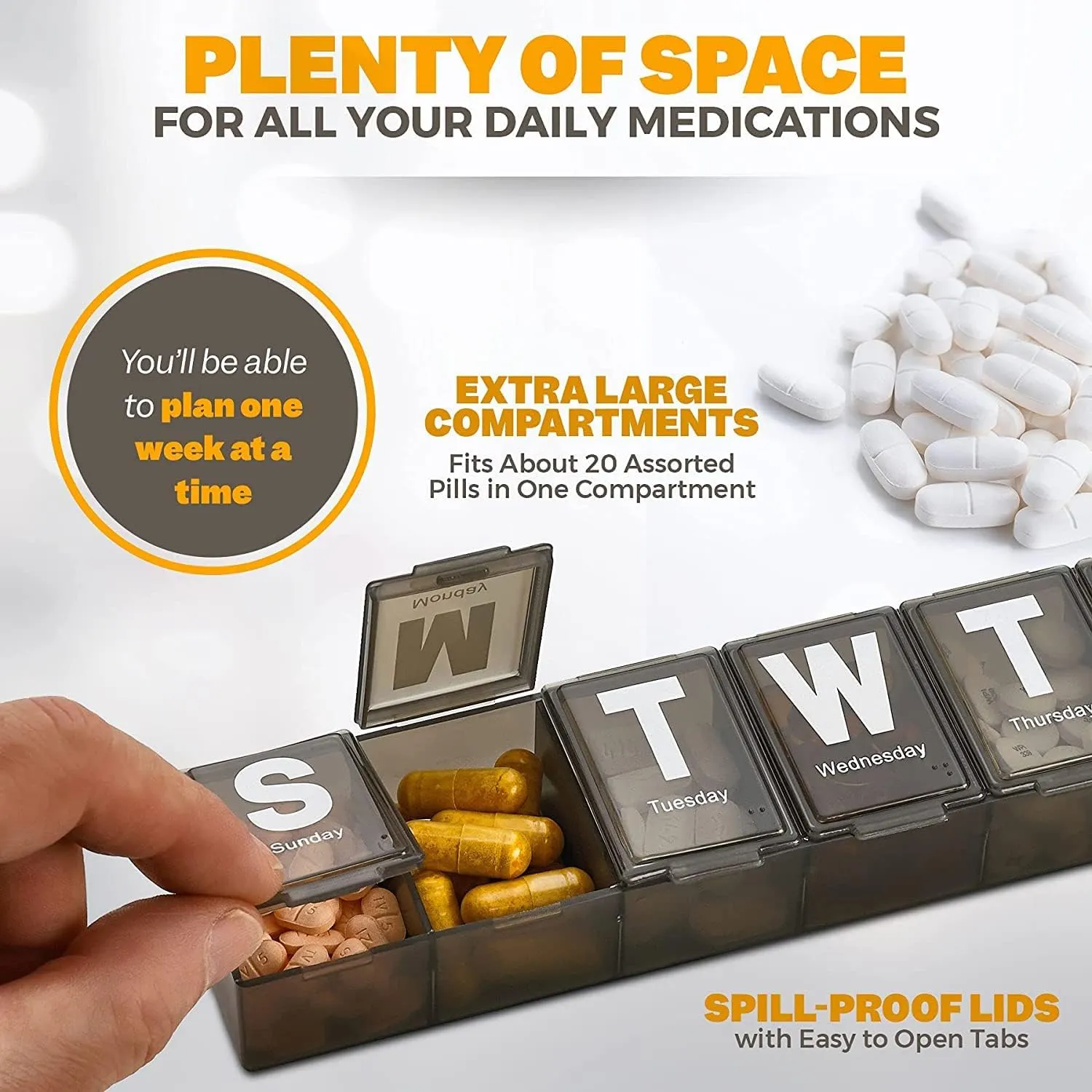 Weekly Pill Organizer - (Pack of 3) Extra Large Vitamin Container with Jumbo Easy to Read Letters, BPA Free - Daily Travel 7 Day Medication Pill Box Case, (Black)