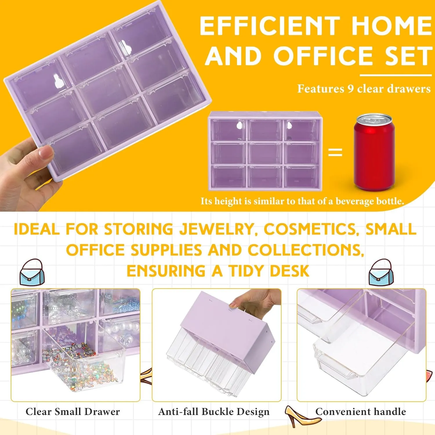 Wenqik 2 Pcs Small Drawer Organizer Teacher Toolbox Small Organizer with 9 Clear Drawers Plastic Desktop Craft Storage Box for Desk Office Classroom Home 7" x 3.9" x 4.7"(Purple)