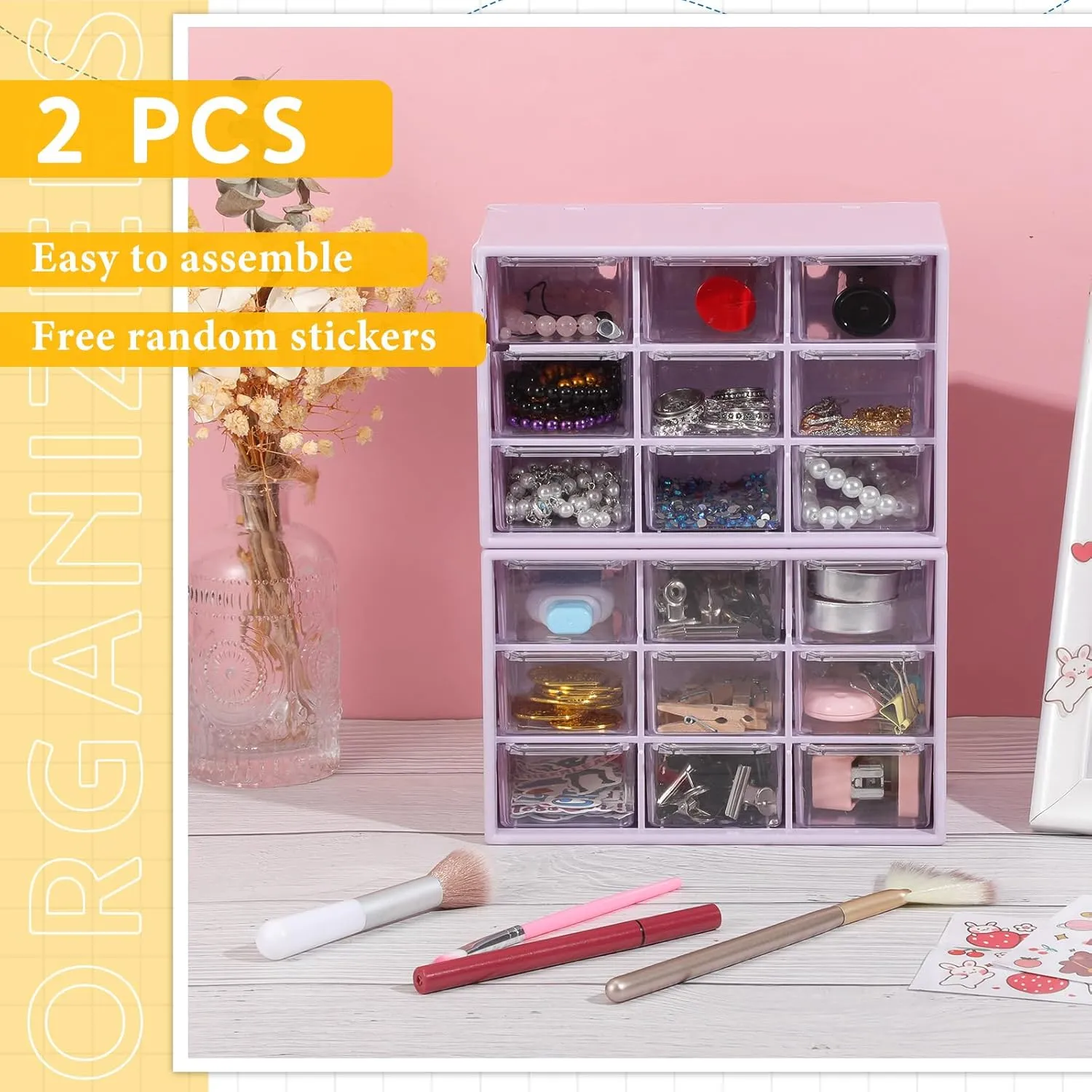 Wenqik 2 Pcs Small Drawer Organizer Teacher Toolbox Small Organizer with 9 Clear Drawers Plastic Desktop Craft Storage Box for Desk Office Classroom Home 7" x 3.9" x 4.7"(Purple)