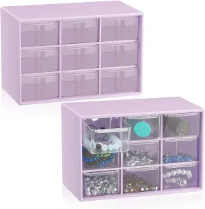 Wenqik 2 Pcs Small Drawer Organizer Teacher Toolbox Small Organizer with 9 Clear Drawers Plastic Desktop Craft Storage Box for Desk Office Classroom Home 7" x 3.9" x 4.7"(Purple)