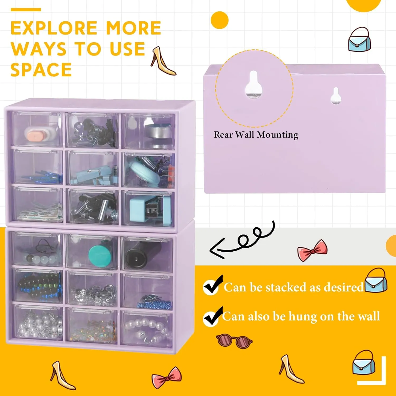 Wenqik 2 Pcs Small Drawer Organizer Teacher Toolbox Small Organizer with 9 Clear Drawers Plastic Desktop Craft Storage Box for Desk Office Classroom Home 7" x 3.9" x 4.7"(Purple)