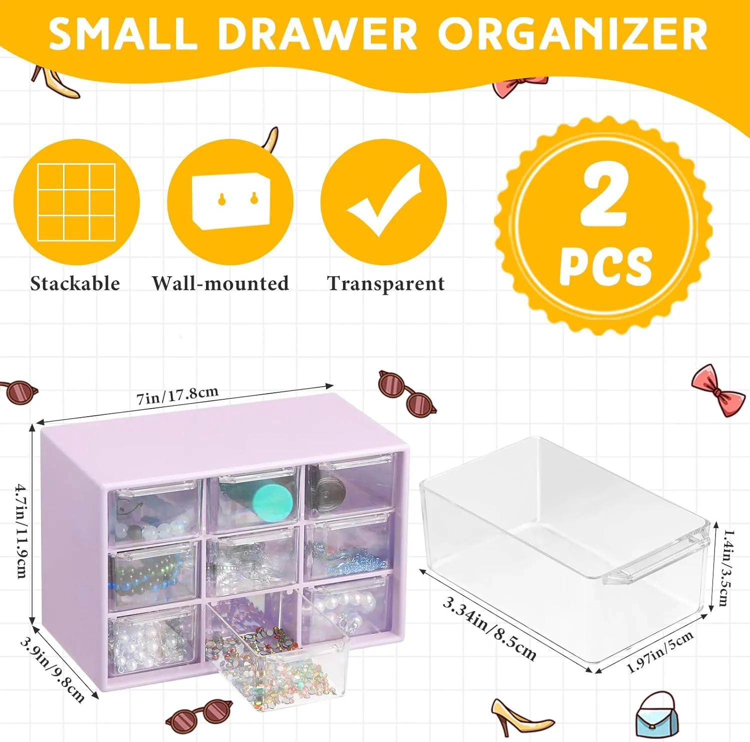 Wenqik 2 Pcs Small Drawer Organizer Teacher Toolbox Small Organizer with 9 Clear Drawers Plastic Desktop Craft Storage Box for Desk Office Classroom Home 7" x 3.9" x 4.7"(Purple)
