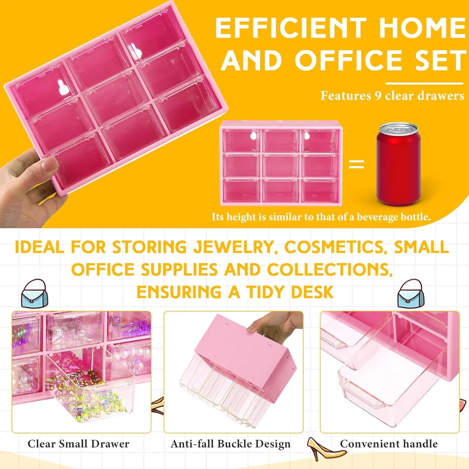 Wenqik 2 Pcs Small Drawer Organizer Teacher Toolbox Small Organizer with 9 Clear Drawers Plastic Desktop Craft Storage Box for Desk Office Classroom Home 7" x 3.9" x 4.7"(Rose Red)