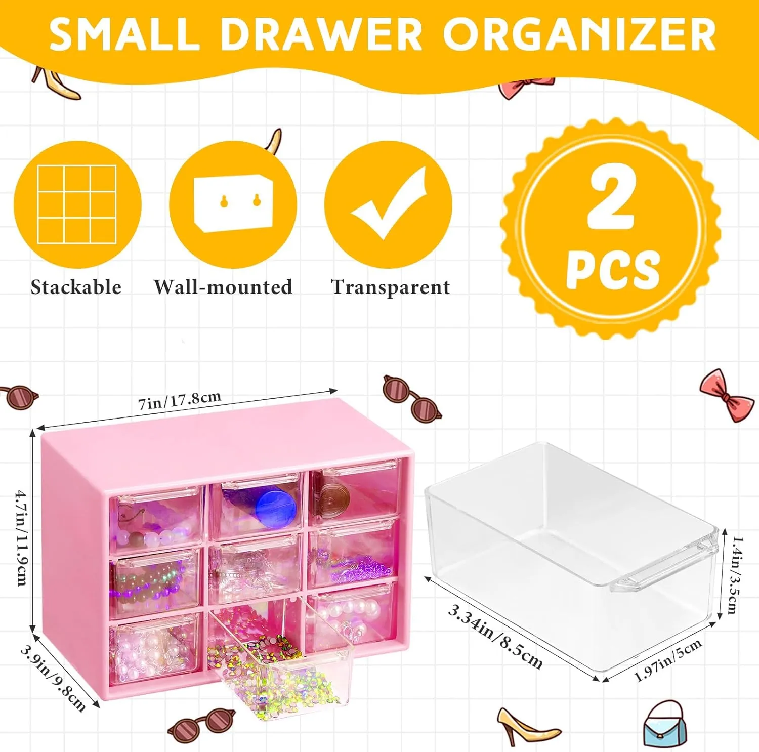 Wenqik 2 Pcs Small Drawer Organizer Teacher Toolbox Small Organizer with 9 Clear Drawers Plastic Desktop Craft Storage Box for Desk Office Classroom Home 7" x 3.9" x 4.7"(Rose Red)