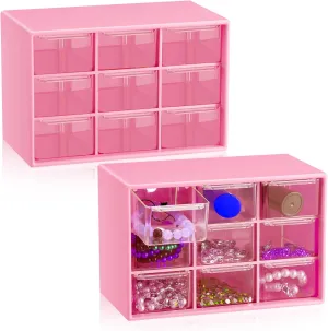 Wenqik 2 Pcs Small Drawer Organizer Teacher Toolbox Small Organizer with 9 Clear Drawers Plastic Desktop Craft Storage Box for Desk Office Classroom Home 7" x 3.9" x 4.7"(Rose Red)