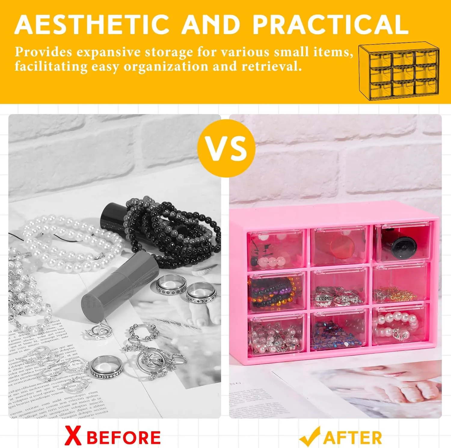 Wenqik 2 Pcs Small Drawer Organizer Teacher Toolbox Small Organizer with 9 Clear Drawers Plastic Desktop Craft Storage Box for Desk Office Classroom Home 7" x 3.9" x 4.7"(Rose Red)
