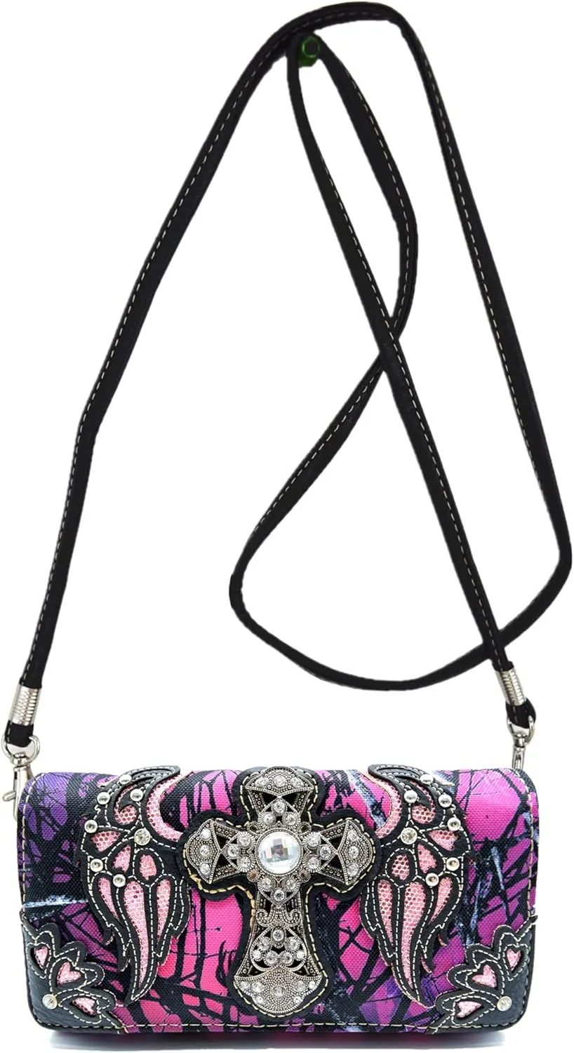 Western Camouflage Cross Wings Country Purse Single Shoulder Bags Clutch Women Blocking Wristlet Wallet