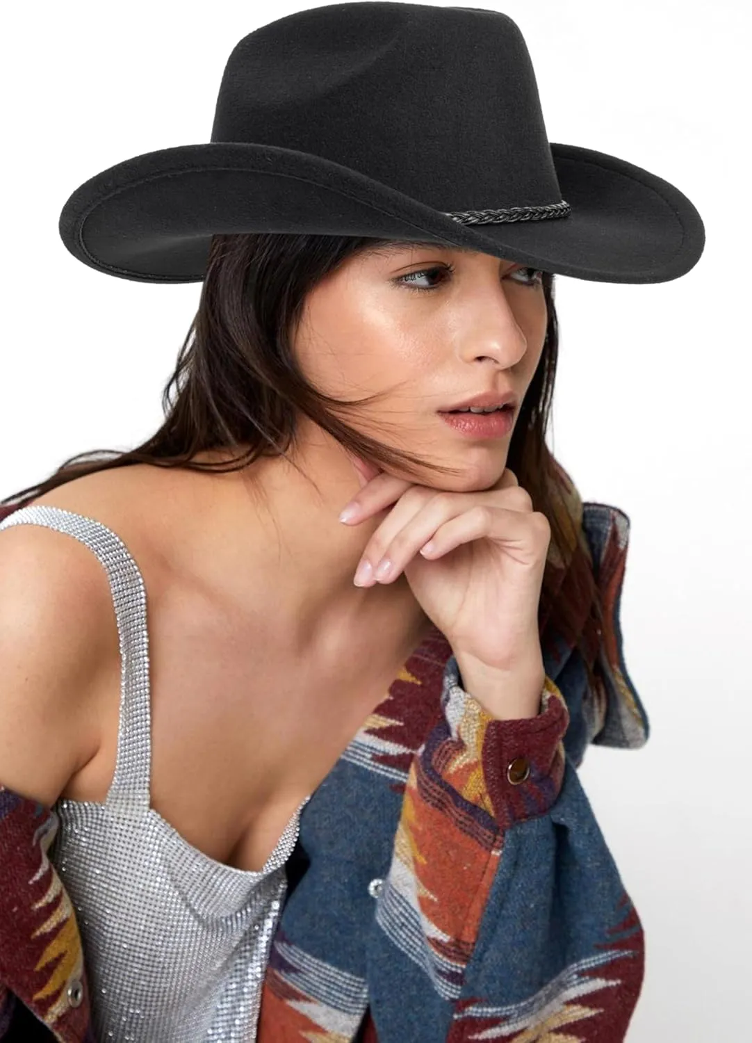 Western Cowboy Hat for Men Women Classic Roll Up Fedora Hat with Buckle Belt(Size:M-L)
