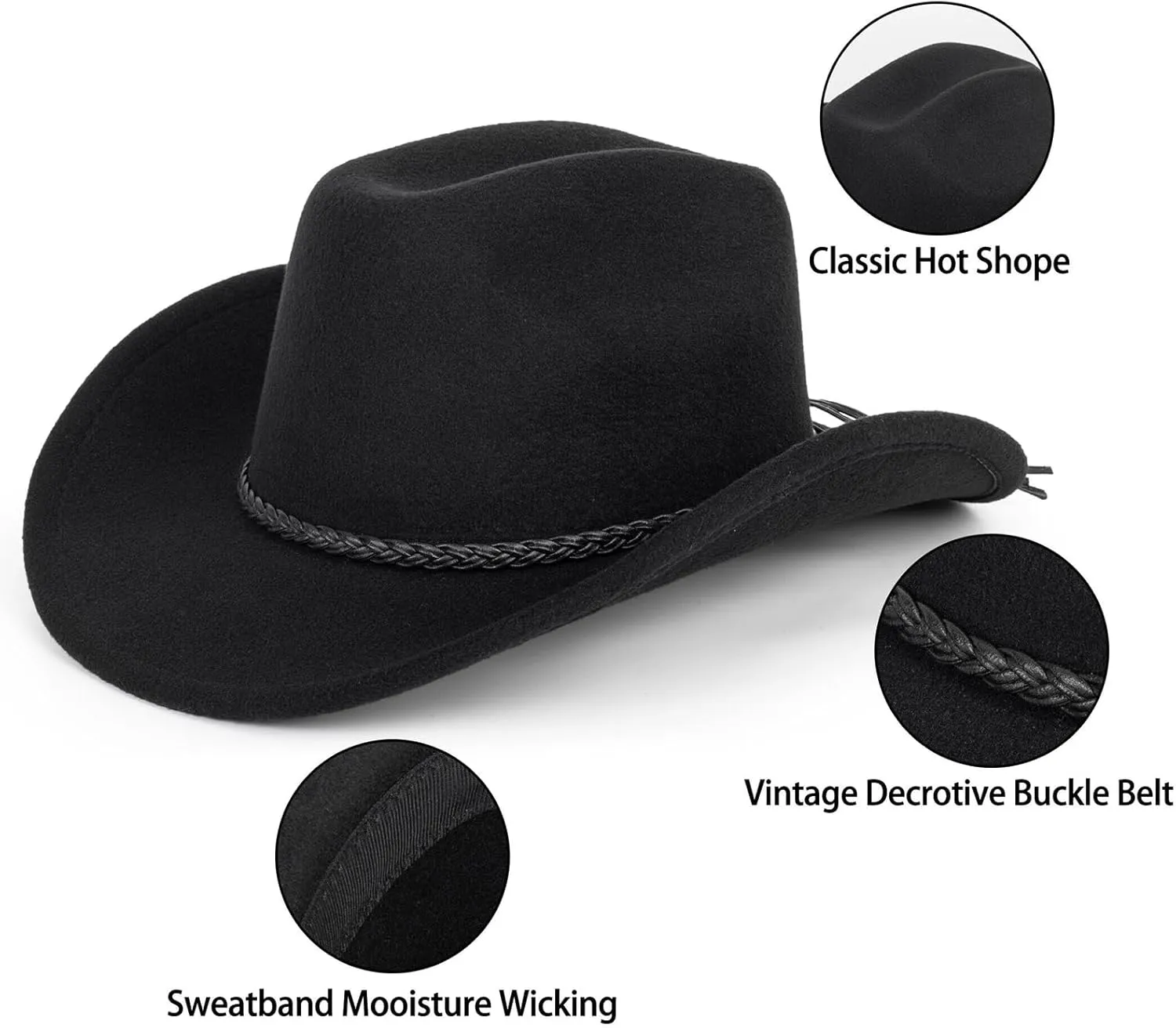 Western Cowboy Hat for Men Women Classic Roll Up Fedora Hat with Buckle Belt(Size:M-L)