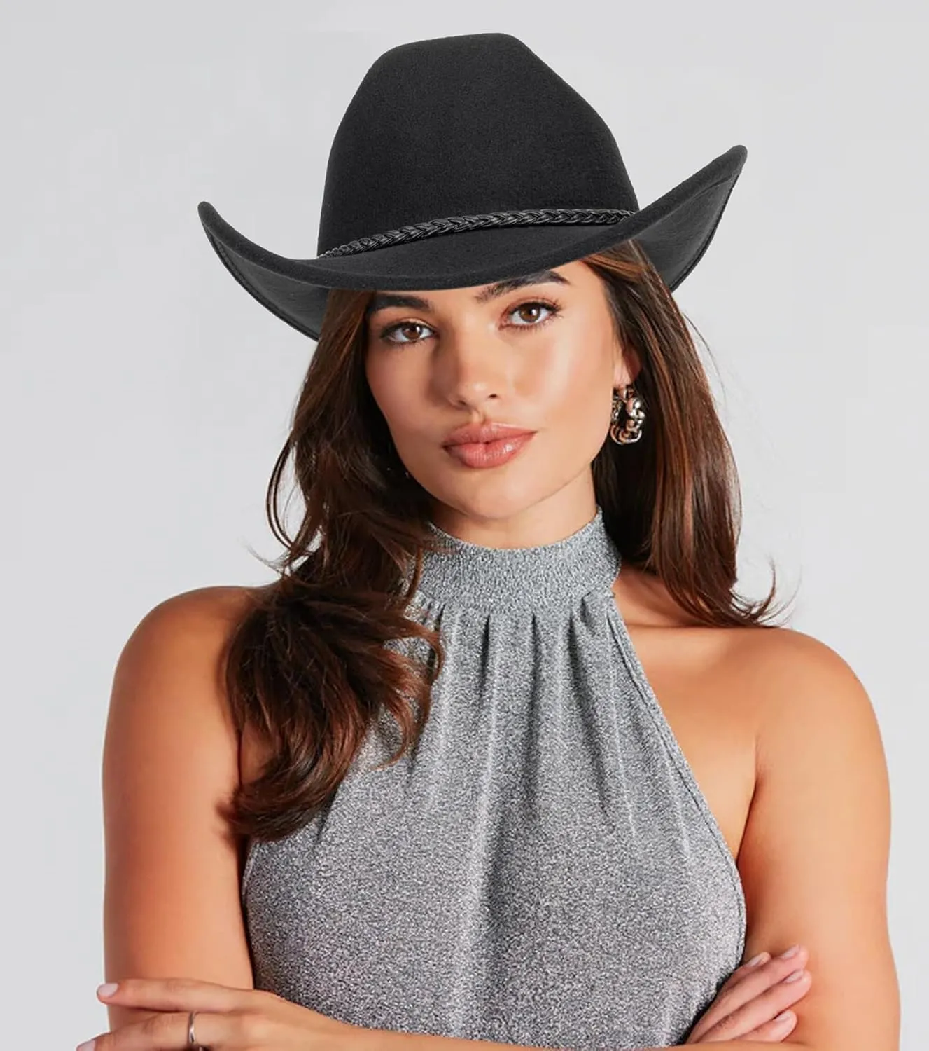 Western Cowboy Hat for Men Women Classic Roll Up Fedora Hat with Buckle Belt(Size:M-L)