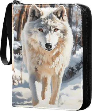 White Wolf Snow Oil Painting Cards Binder 4 Pocket Fits 400 Cards with 50 Removable Sleevesves, Trading Card Collector Zipper Album Holder Portable Card Games Display Storage Cases