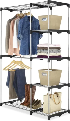 Whitmor Double Rod Freestanding Closet Organizer, Silver