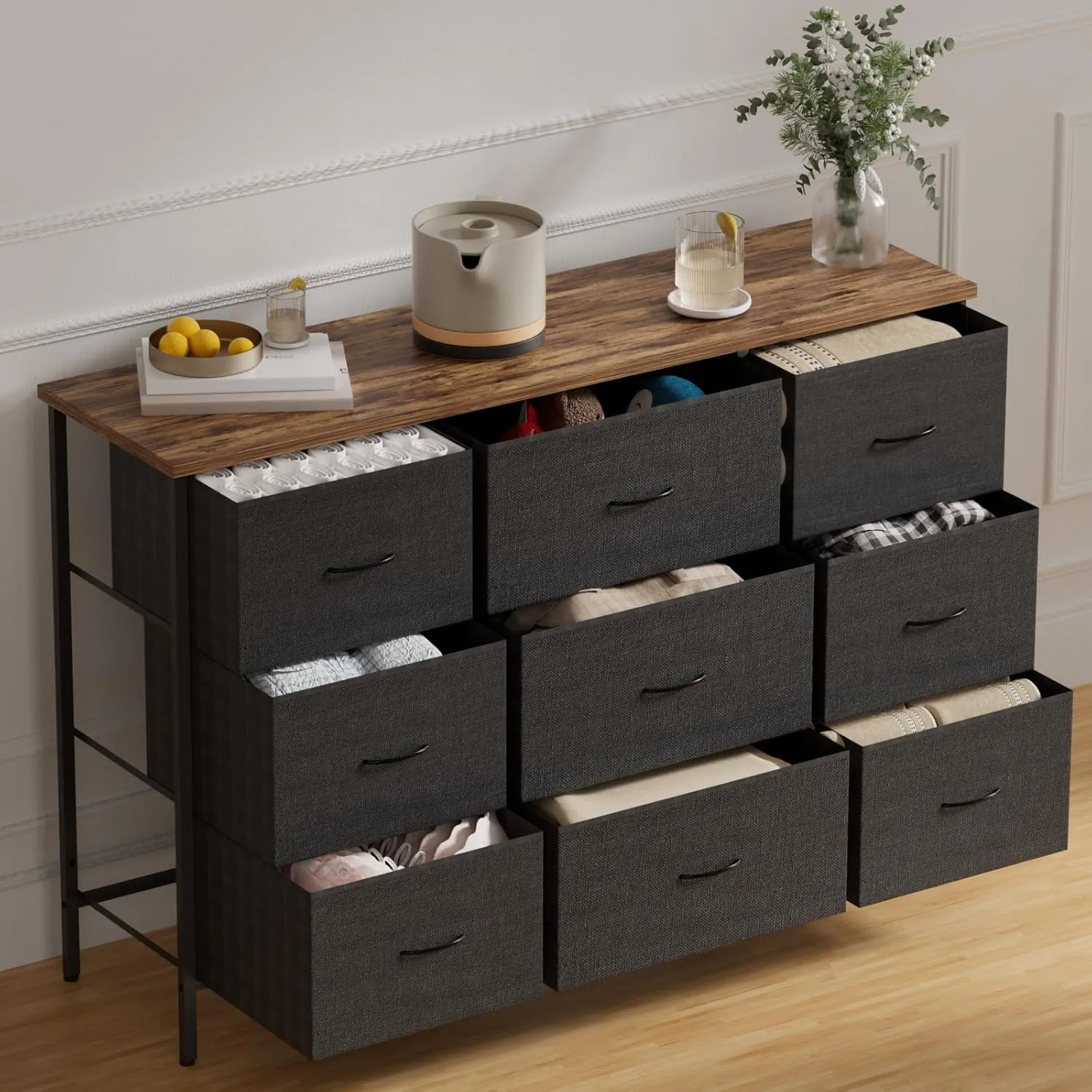 Wide TV Stand for Bedroom, Dresser with 9 Deep Drawers, Fabric Storage Cabinet, Modern Chest of Drawers for Closet, Nursery, Living Room（Black）