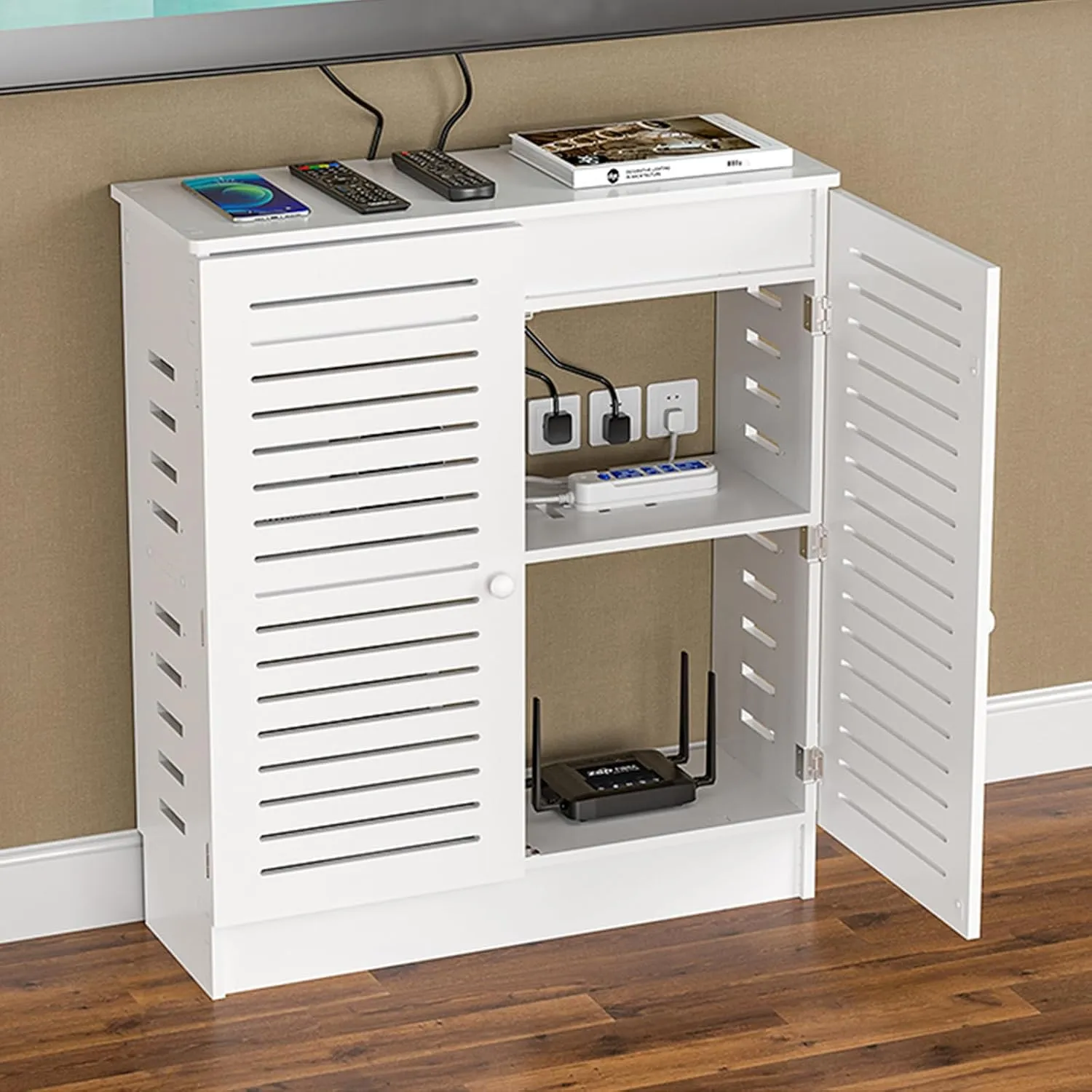 WiFi Router Storage Cabinet, Router Storage Box, Router Shelter Cabinet,PVC Breathable Grid Router Modem Hider Organizer for TV set-top boxes cable media equipment(35.4"Lx31.5"Hx11.8"W, White)